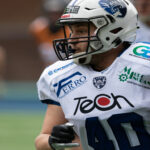 Maxym Berezan in azione contro i Rhinos Milano (crediti della foto: Giulio Busi/Warriors Bologna)