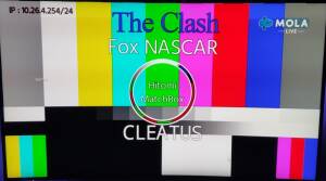 Mola TV: Prove di trasmissione durante la diretta NASCAR Il monoscopio trasmesso sul feed di FOX con il logo di Mola TV