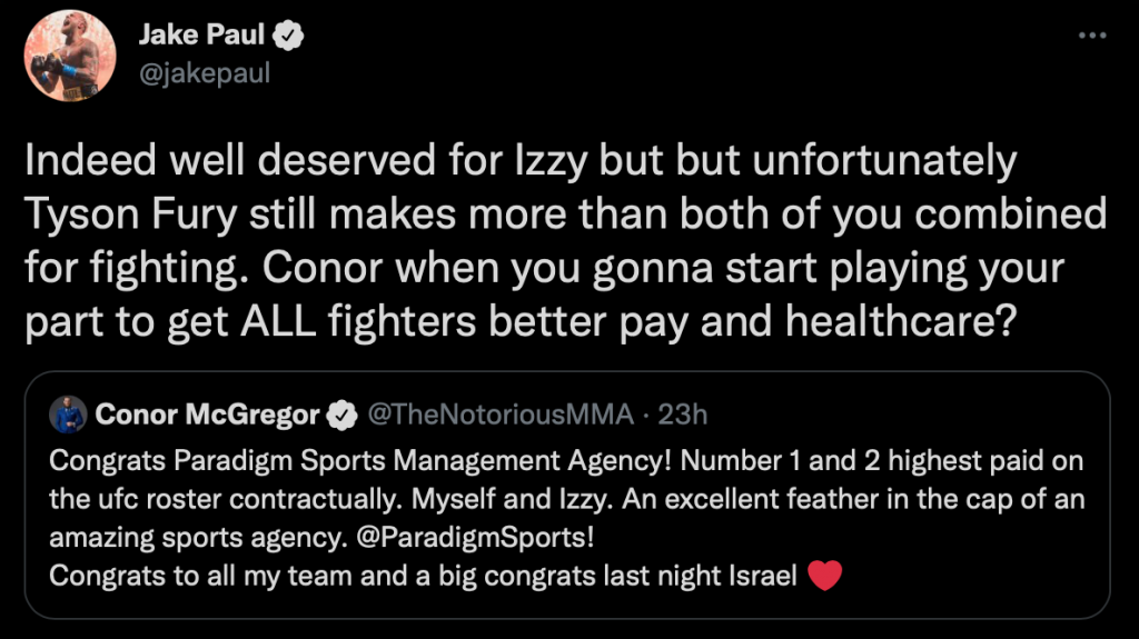 Jake Paul invita McGregor a fare di più per i fighter