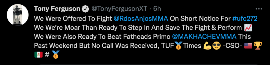 Tony Ferguson era pronto a sostituire Fiziev ad UFC 272