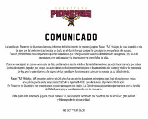 Il comunicato rilasciato dalla squadra sulla morte del giocatore (Crediti: @pioneros_qro /Instagram)