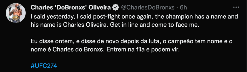 Charles Oliveira: la reazione alla vittoria di UFC 274