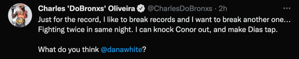 Charles Oliveira chiede 2 match in un solo PPV