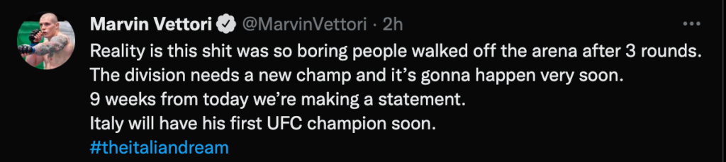 Marvin Vettori definisce noioso il main event di UFC 276