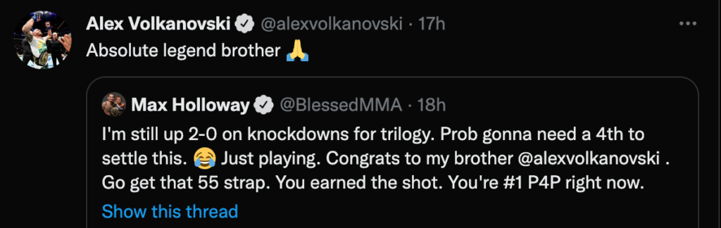 Alex Volkanovski: i complimenti con Holloway post UFC 276