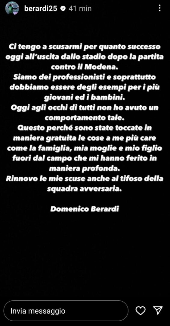 Le scuse sui social di Berardi Ph. Instagram @Berardi25