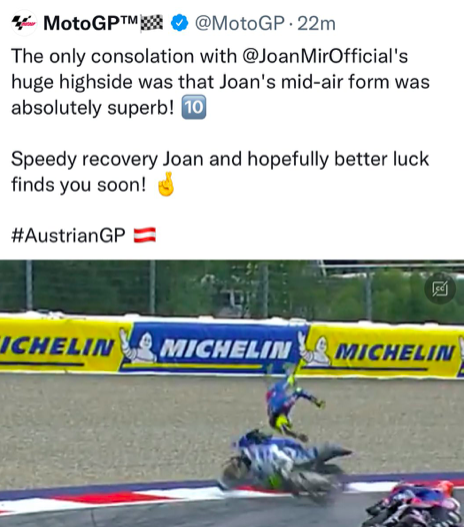 MotoGP: il vergognoso tweet sulla caduta di Joan Mir Il Tweet Della MotoGP Sulla Caduta Di Mir Ph. - Twitter @MotoGP