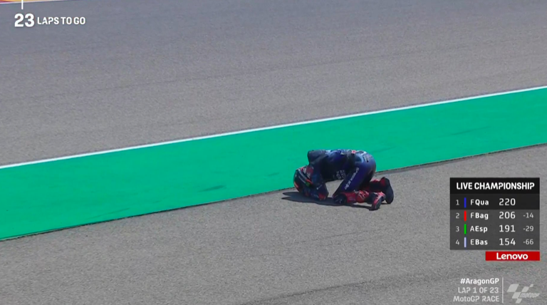 GP Aragon 2022: vince Enea Bastianini davanti a Bagnaia Caduta Quartararo Ph. Twitter @MotoGP