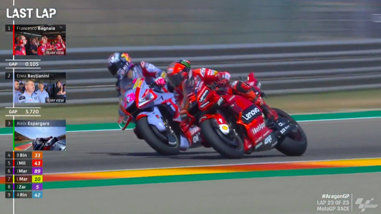 GP Aragon 2022: vince Enea Bastianini davanti a Bagnaia Sorpasso Bastianini Su Bagnaia Ph. Twitter @MotoGP