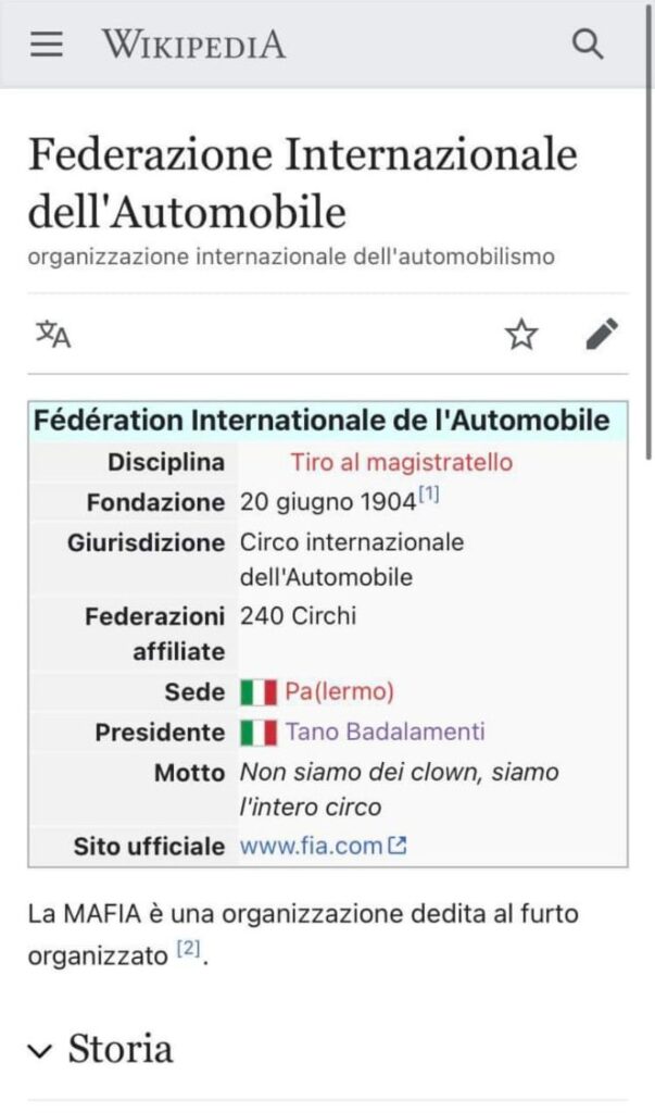 La pagina Wikipedia della FIA è stata presa di mira dai tifosi (Fonte: Wikipedia)
