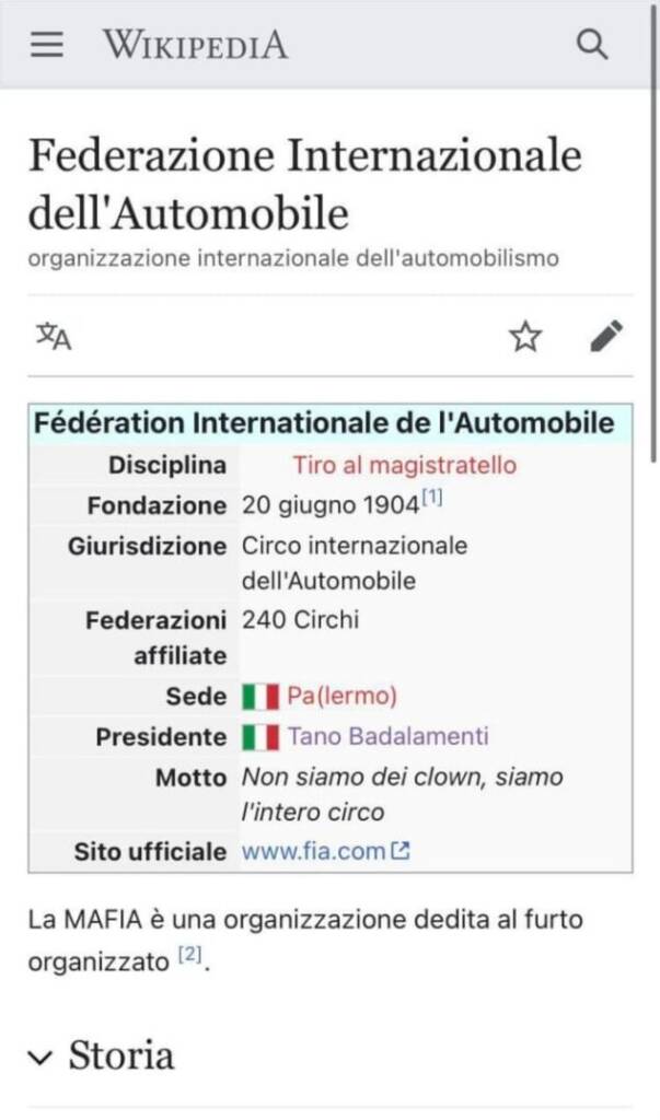 FIA: la pagina Wikipedia attaccata dai tifosi La pagina Wikipedia della FIA è stata presa di mira dai tifosi (Fonte: Wikipedia)