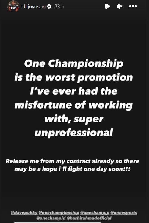 La storia pubblicata da Dustin Joynson contro ONE Championship (Crediti: @d_joynson/Instagram)