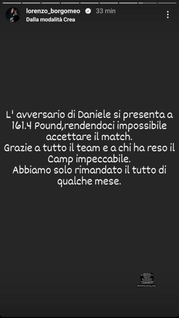 Daniele Scatizzi salta PFL Dublin, match cancellato Lorenzo Borgomeo ha comunicato su Instagram la cancellazione del match di Daniele Scatizzi a PFL Dublin. (Credits: IG @lorenzo_borgomeo)