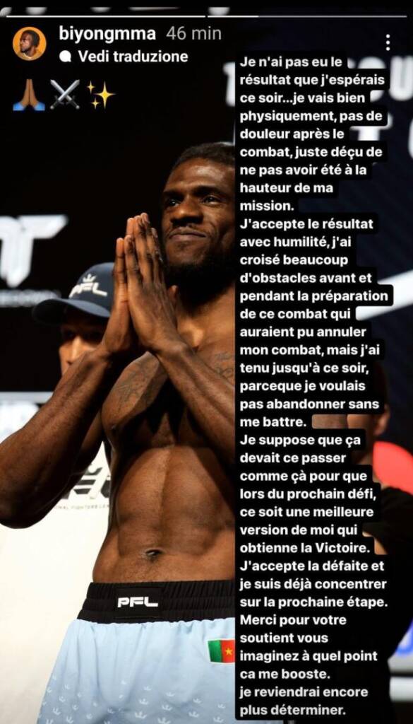 Simon Biyong commenta la sconfitta a PFL 2 2024 Le parole di Simon Biyong su Instagram dopo il debutto in PFL