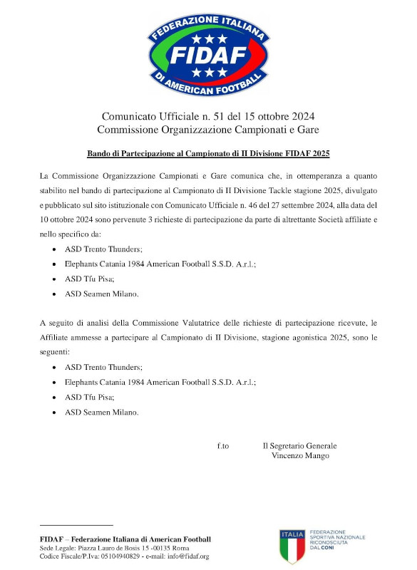 Seamen Milano e altre 3 squadre ammesse in IFL2 per il 2025 Seamen Milano e altre 3 squadre ammesse in IFL2 per il 2025
